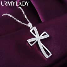 Promozioni Collana in argento sterling 925 da 45 cm con ciondolo per donna, catena con ciondolo croce di cristallo, gioielli, moda, festa di nozze carina