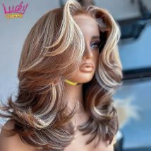 P4/27 13x4 Lace Frontal Short Bob Perücken Braun Blonde Highlights Körperwelle 180 Dichte Vorgezupftes brasilianisches Echthaar für Frauen
