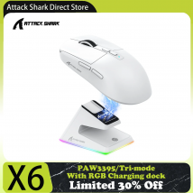 ATTACK SHARK X6 Mouse da gioco trimodale con dock di ricarica magnetico, sensore PixArt PAW3395, 26K DPI, 49 g ultraleggero, per PC/Mac