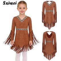 Halloween Indisches Indigenes Kostüm Mädchen Savage Indianer Cosplay Kleid Lange Fransen Ärmel Quaste Indianer Prinzessin Kleid