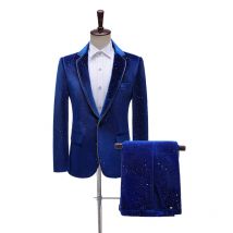 2024 Neuer flacher Samt-Herrenanzug mit heißem Goldbesatz, 2-teiliges Set, Hochzeitsbankettkleid mit Hose, Singer Emcee Performance Blazer