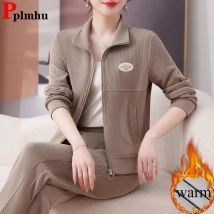 Casual Verdicken 2-teilige Sets Frauen Zipper Langarm Sweatshirt Tops Conjuntos Winter Warme Samt Gefüttert Gerade Hosen Trainingsanzug