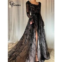 Elegant Full Sleeves Long Evening Dress Beadings Appliques Scoop Neck Customized Prom Dresses Side Slit Court Train Party Gown