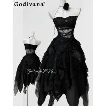 Original Gothic Dark Gaze Trägerlose Tops + Unregelmäßige Jacquard Spitze Rock Set Frauen Cos Lolita Outfits Rock Kleidung Set 2025