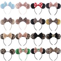 Disney Leopardenmuster Mickey Mouse Ohr-Stirnband für Erwachsene Frauen Pailletten Schleife Haarschmuck Mädchen Kinder Festival Party Haarbänder