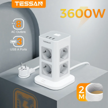 TESSAN 3600W Multipresa a torre verticale con spina piatta ultra sottile con 8 porte AC 3 USB Presa elettrica con spina europea con cavo da 2M