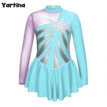 Kinder Mädchen Glänzende Strass Pailletten Floral Eiskunstlauf Tanz Kleid Langarm Gymnastik Künstlerische Ballett Jersey Kleid Kostüm