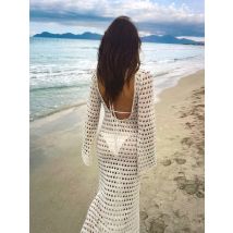 Sexy aushöhlen, rückenfrei, langärmelig, Strandstrickkleid, 2025, Damen, Sommer, elegant, O-Ausschnitt, schlank, Urlaub, Party, Maxikleider K205