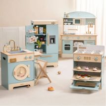 Robotime Robud Küchenwascher-Spielset, Spielküche, Kühlschrank, Kühlschrank, Spielspielzeug, Ofen, Holz-Küchenspielset für Kinder ab 3 Jahren, Blau