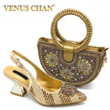 Venus Chan Elegante Damen-Schuhe und Taschen-Sets, Hochzeit, Party, Taschen und Schuhe, bequeme Schuhe mit mittlerem Absatz, Pendelschuhe für Damen