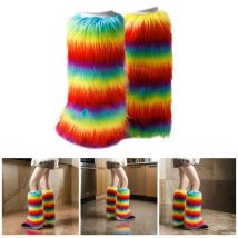 Japanische bunte Regenbogen Kunstpelz Beinwärmer Stiefelüberzüge Y2K Goth Beinsocken Punk JK Knielang Hiphop Mädchen Mode warme Socken