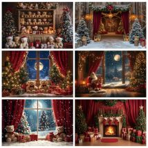 Weihnachten Fotografie Hintergrund Roter Vorhang Bär Geschenke Fenster Verschneite Weihnachten Kinder Familie Porträt Dekor Hintergrund Foto Studio