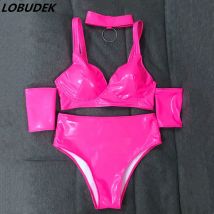 Rose Patent Leder BH Shorts Bikini Tanz Outfit Nachtclub Bar Sänger Tanz Team Jazz Performance Kostüm Party Bühne Tragen