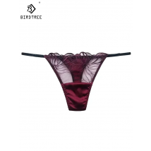 BirdTree 93 % Seide Sexy G-String, Damen-Tanga mit Spitzenstickerei, transparenter erotischer T-Rücken, 2024 Frühling Sommer Neu P41942QM