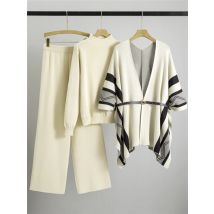 Women Knit Sweater Pullover+print Design Shawl Tops Conjuntos High Waist Wide Leg Pants Outfit Elegant New Knitted 3 Piece Sets