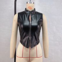 S-L PU Faux Leather Two Way Zipper Tank Top Sleeveless Shirt Stand Collar Bustier Crop Tops Vest Sexy Clubwear Croptop Cropped