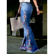 Retro Dark Blue Embroidered Flared Jeans for Women Four-season Medium and High-waisted Extended Floor-mopping Flared Pants