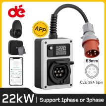 dé 22kW Wallbox móvil con aplicación para coche eléctrico, estación de carga trifásica para vehículo, enchufe rojo CEE a tipo 2, 32A