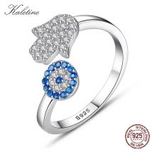KALETINE 925 Sterling Silber Böser Blick Blaues Auge Hamsa Hand Fatima Hand Verstellbare Damenringe Offene Größe Ring Hochzeitsschmuck