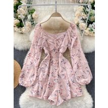 Koreanische Neue Frühling Sommer frauen Overall Kleid V-ausschnitt Puff Ärmeln Süße Falten Schlank Abnehmen Floral Breite bein Shorts UK770