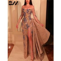 Schulter freie Kristalle Tüll Abendkleid mit Seitens chlitz Seitens pur maßge schneiderte Abendkleider voller Ärmel Party kleid Ballkleid