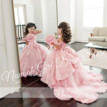 Pink Lace Appliques Flower Girl Dresses Pageant Gown for Wedding With Train Birthday Party First Communion Gowns Customized