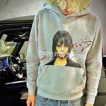Trendiger, minimalistischer Porträt-Cartoon-Druck, Herbstmode, Buchstabe, Herren- und Damen-Straßen-Hoodie