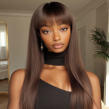 Lekker Chocolate Brown Long Straight 100% Human Hair Wig With Bangs For Women Brazilian Remy Hair Full Machine Made Daily Wigs