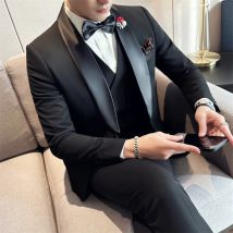 KIDWHXR Mann Anzug Set Mode Einfarbig Patchwork Blazer Männlichen Zweireiher Weste Gerade bein Hose Männer Schlank hochzeit Outfit