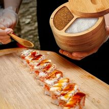 Bambus-Gewürzbox mit Löffel, drehbarer Deckel, Gewürzbox, Gewürzbehälter, Zucker, Salz, Pfeffer, Glas, Gewürze, Picknick-Gadget