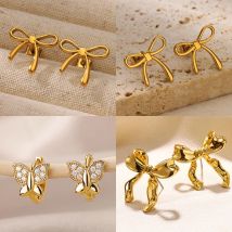 Orecchini con fiocco sottile in acciaio inossidabile per donna Orecchini estetici color oro Accessori per gioielli di moda natalizi per matrimoni