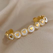 ALLYES Weiß Shell Liebe Herz Edelstahl Manschette Armband Armreif für Frauen Vergoldet Wasserdicht Schmuck Muttertag Geschenke