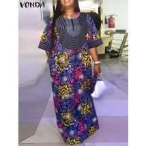 Plus Size Women Long Dress 2024 VONDA Vintage Half Sleeve Floral Printing Robes Maxi Dress Loose Oversize Vestido Streetwear