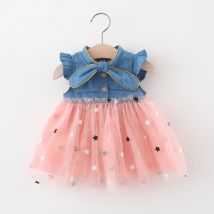 Sommer Neues Mädchenkleid Kleine Fliegende Ärmel Schleife Cowboy Arbeit Pompös Vergangenheit Polka Dot Farbe Süße Prinzessin (Mädchen 0-3 Jahre alt)