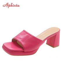 Aphixta plus size 45 46 coole 7cm klobige Absätze Plattform Frauen Flip Flops Sommer Peep Toe Slides Mode weiß Baby rosa Schuhe