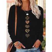 Women's autumn and winter 100% pure cotton fashionable casual loose heart-shaped pattern printed round neck long sleeved T-shirt