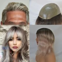 Langes europäisches Echthaarteil-Toupet für Männer, 0,04–0,06 mm, Haut-PU-Perücken für Männer und Frauen, 30,5 cm, Ersatzsystem, 25,4 x 20,3 cm, Ombre-Grau