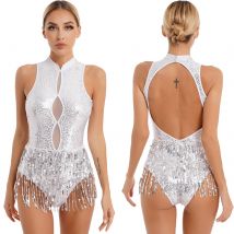 Womens Glitter Sequins Tassel Leotard Ballroom  Dance Costume Latin Jazz Samba Dance Wear Sleeveless Shiny Bodysuit Dancewear