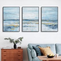 3 pannelli nordico astratto oceano tela pittura tema costiero opere d'arte blu oro tramonto e alba poster di arte della parete per soggiorno
