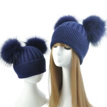 Cashmere Winter Hat for Children and Women Parent Baby Boys Wool Caps Warm Bobble Knitted Hat Double Real Fur Pompom Beanie Hat