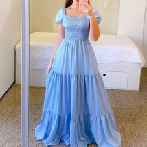 A Line Pleated Blue Princess Long Dresses Women Puff Sleeve High Waist Square Neck Maxi Dress Summer Solid Ruffles Party Dresses