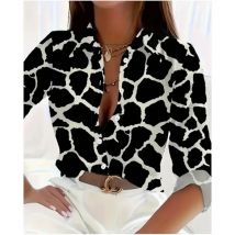 Elegante Leopardenmuster Damen Tops Langarmshirt Schwarz Weiß Blumen Fashiona Persönlichkeit Trendiges Hemd Damen Casual Style