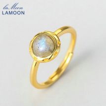 LAMOON 925 Silber Ring Für Frauen Runde Natürliche African Labradorit Edelstein 14K Gold Überzogene Fine Schmuck Engagement LMRI122