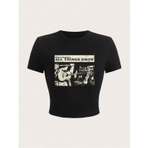 2000s Women Crop T-shirts Vintage Hip Hop Graphic Printed Tees Shirts O-Neck Tight Short Sleeves Clothes Fashion Y2k Female Tops