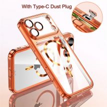 Per Magsafe Custodia per telefono trasparente con placcatura a colori metallici per iPhone 15 16 17 Pro Max Cover protettiva per lenti con tappo antipolvere di tipo C