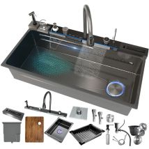 Stainless Steel Waterfall Kitchen Sink New Embossed Extra Large Single Slot Modern Digital Display Multifunctional Kitchen Sinks