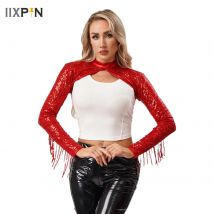 Damen-Bolero mit glitzernden Pailletten und Fransen, langärmelig, mit Quaste, Allover-Pailletten-Achselzucken, Schals, kurze Strickjacke für Musik, Raves, Party