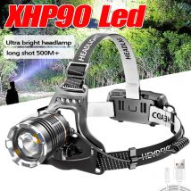Wiederaufladbare XHP90 LED-Stirnlampe, wasserdichtes Kopflicht, Angeln, Suche, Camping, Kopf, Taschenlampe, Zoom-Laterne