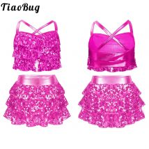 Kinder Mädchen Jazz Stepptanz Outfit Performance Glitzernde Pailletten Stufenrüschen Crop Top mit Culottes Latein Modern Dance Kostüme