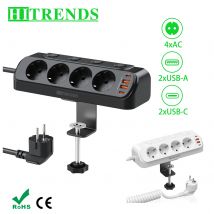 Toma de corriente de escritorio con enchufe europeo, regleta con interruptor Individual, 4 salidas de CA, enchufe USB, enchufe multipriente con cable de extensión de 2m